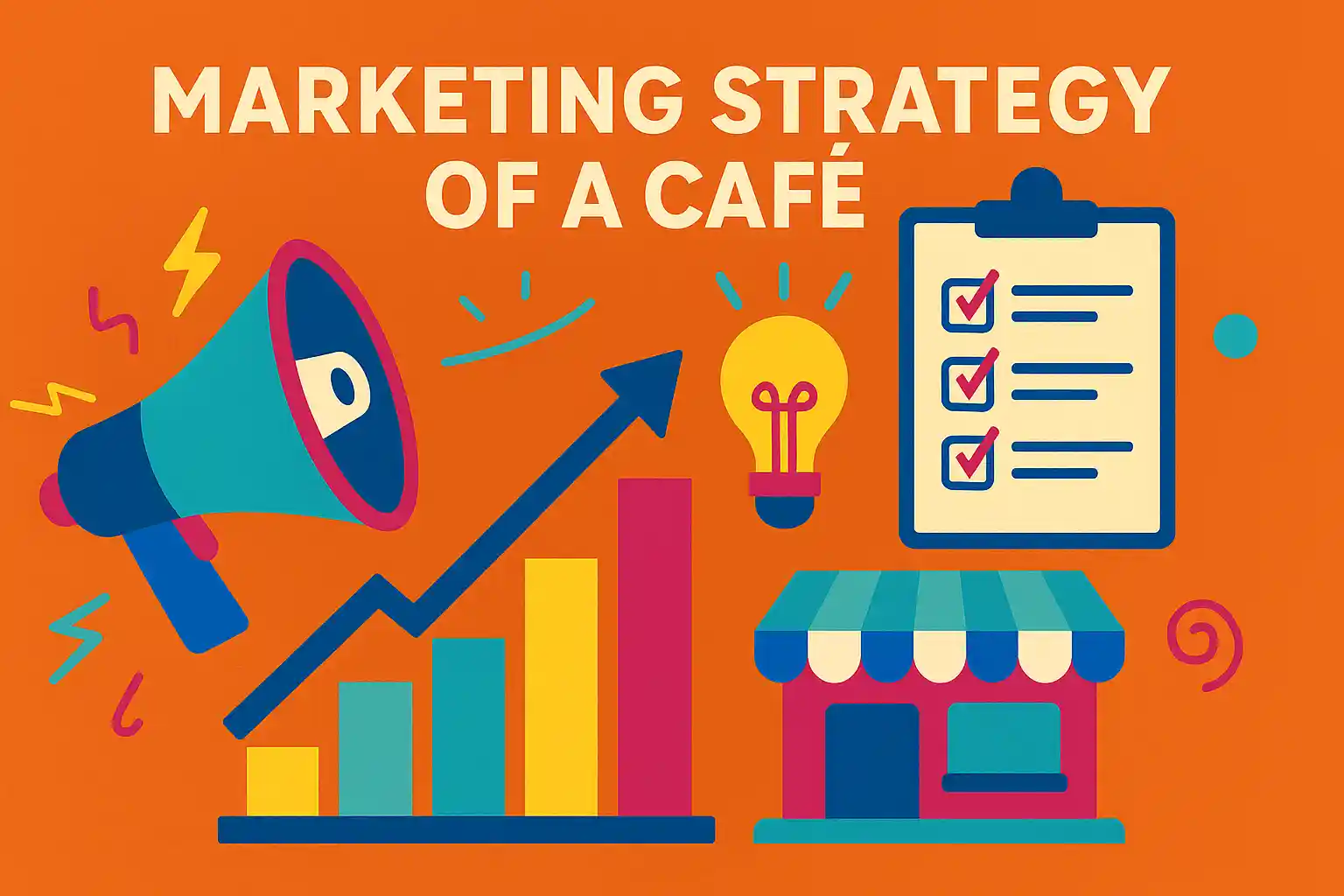 Colorful flat illustration representing the marketing strategy of a cafe, featuring a megaphone, growth chart, checklist, and cafe storefront on an orange background.