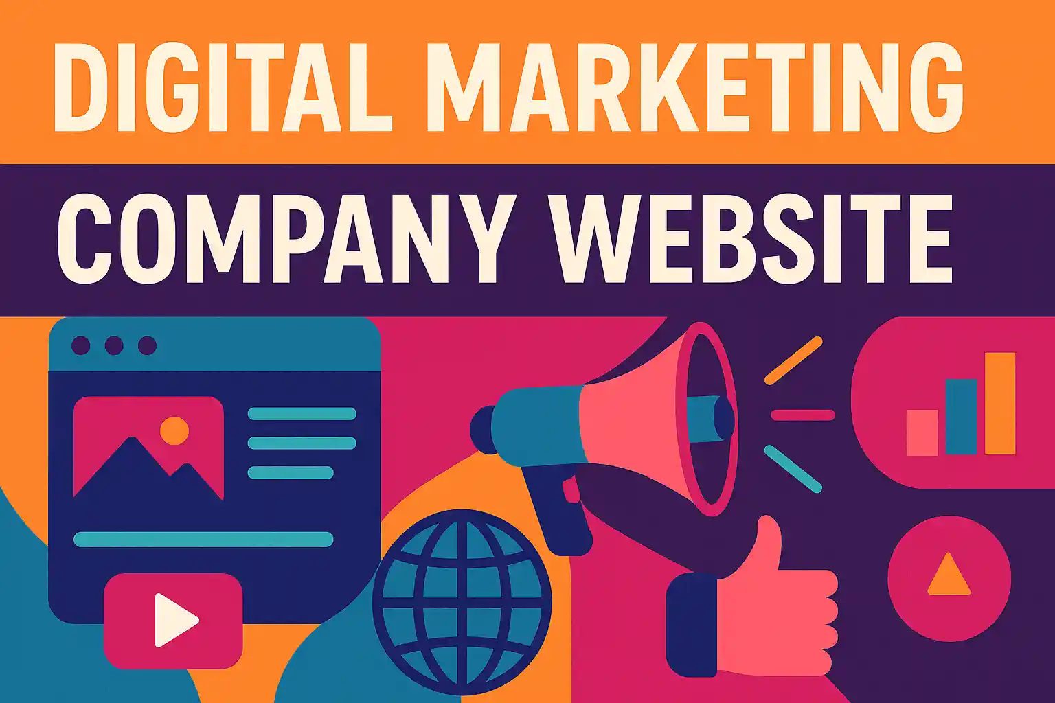 Vibrant illustrated banner representing a digital marketing company website with icons for branding, analytics, and online growth.