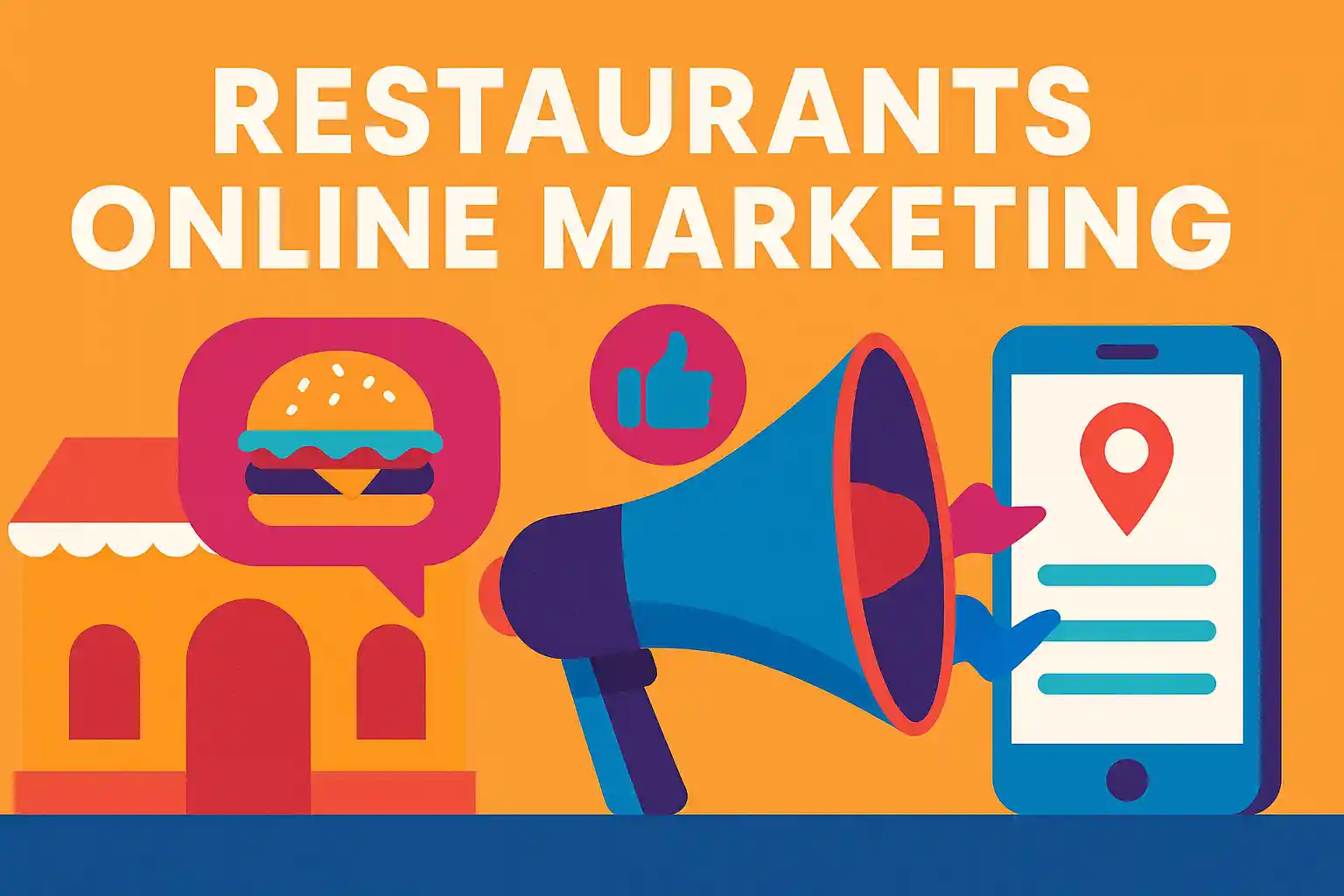 Flat illustration showing digital promotion tools like a megaphone, smartphone with map pin, and restaurant icon, representing strategies for restaurants online marketing.