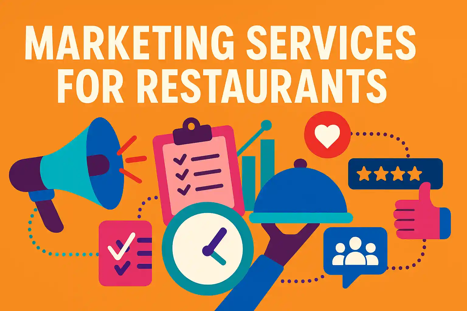 Colorful illustration representing marketing services for restaurants with icons for promotion, reviews, analytics, and customer engagement.