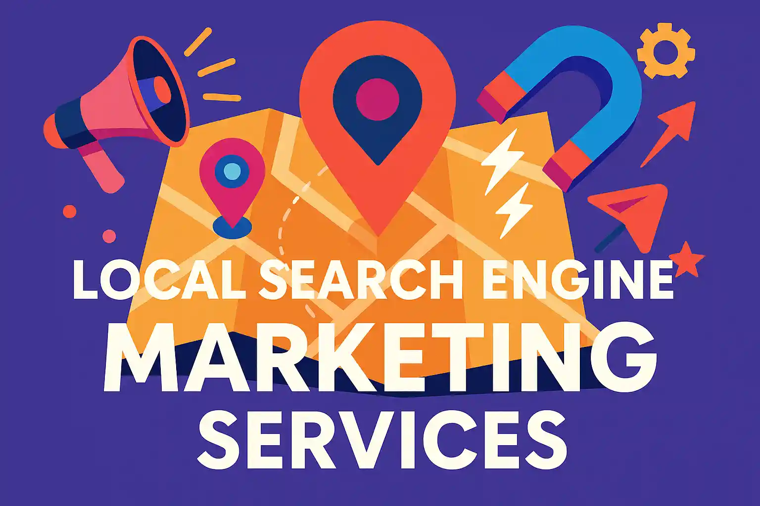 A colorful illustrated banner showing map pins, a magnet, a megaphone, and digital icons symbolizing how local search engine marketing services attract nearby customers and boost local visibility.