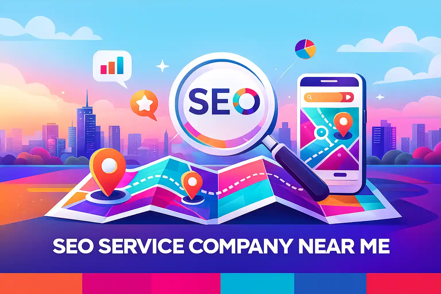 A vibrant illustration of maps, location pins, and a magnifying glass labeled SEO, symbolizing how users search for a seo service company near me to improve local visibility.