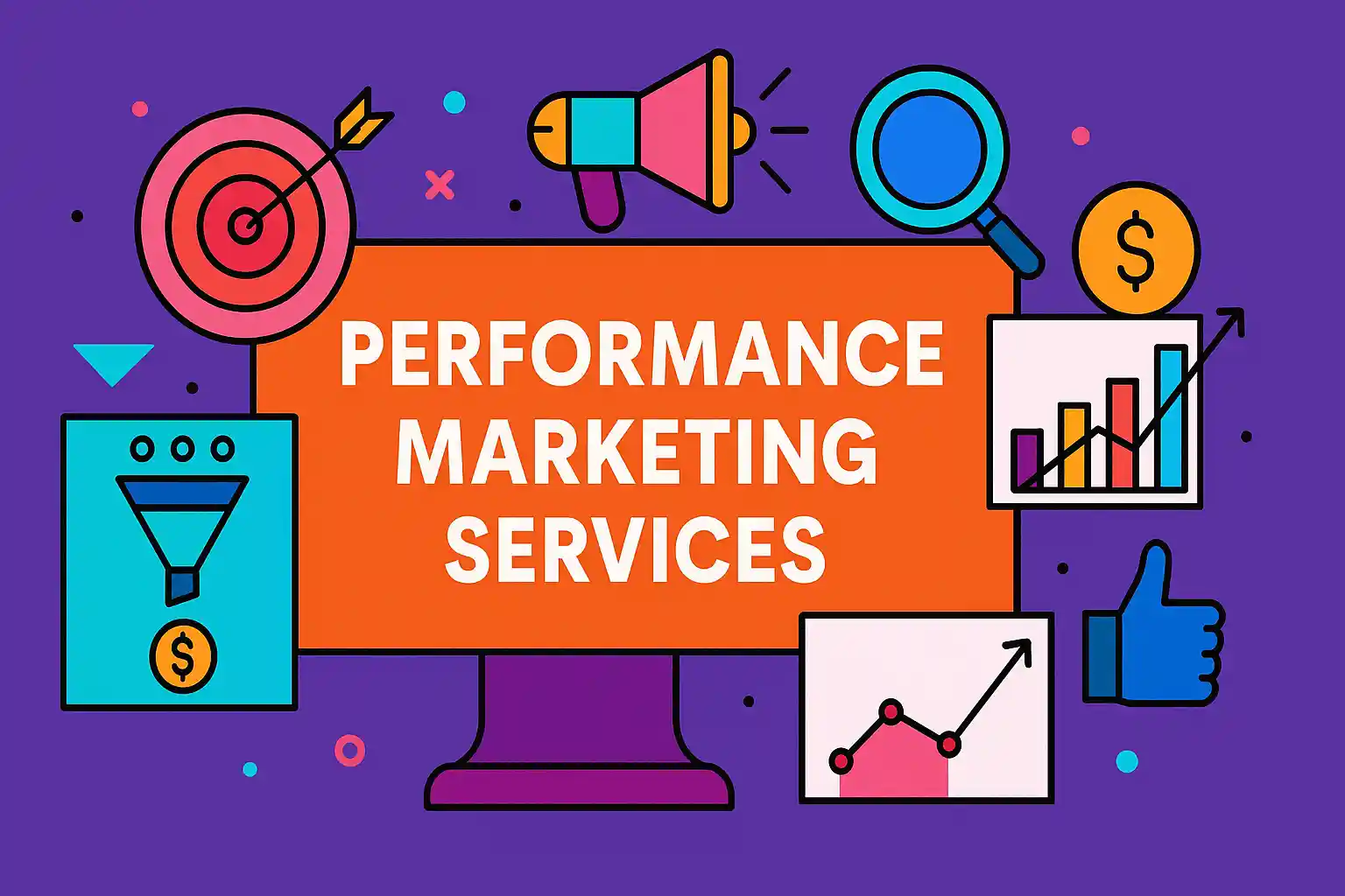 Bright illustrated graphic featuring icons for analytics, targeting, and conversions promoting performance marketing services.