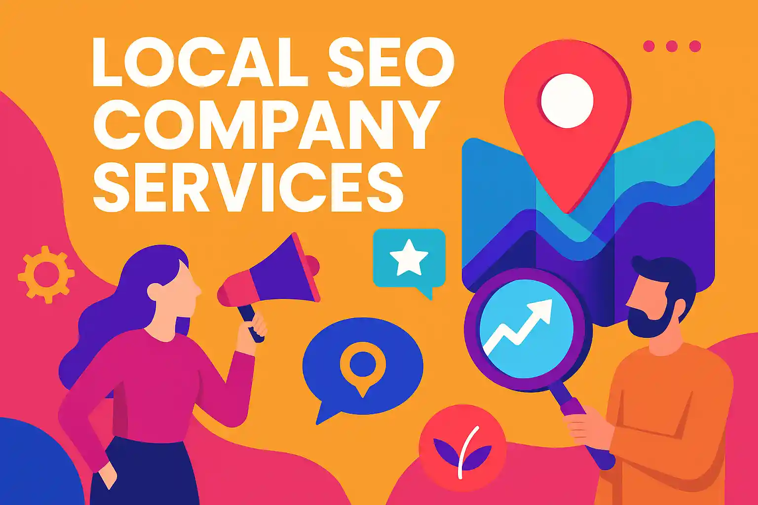 Illustration representing local seo company services with map pins, marketing icons, and vibrant brand colors.