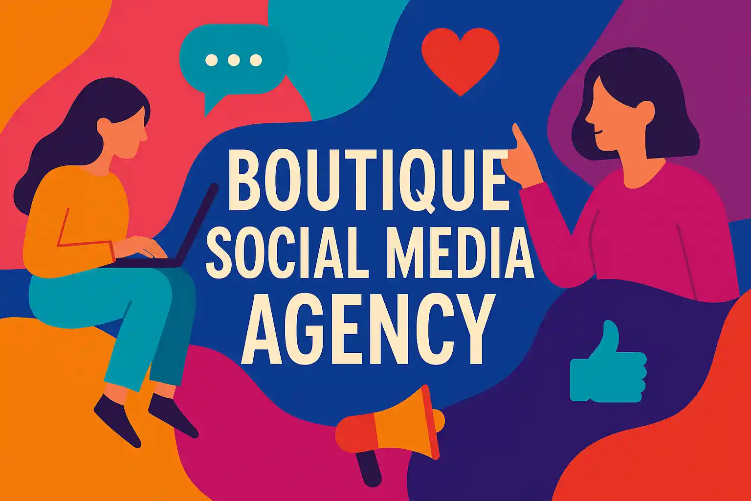 Colorful flat-style illustration showing two creators collaborating around bold text promoting a boutique social media agency.