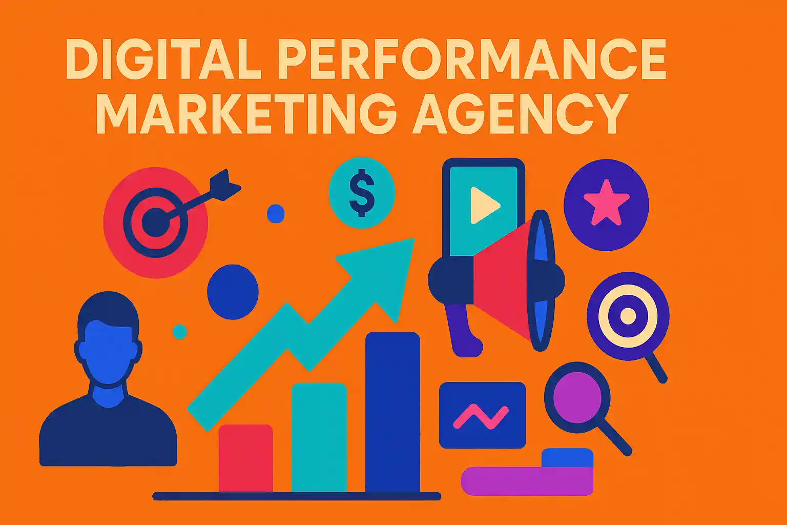 Flat graphic illustration showing charts, arrows, targeting icons, and analytics elements representing how a digital performance marketing agency improves ROI and campaign performance.