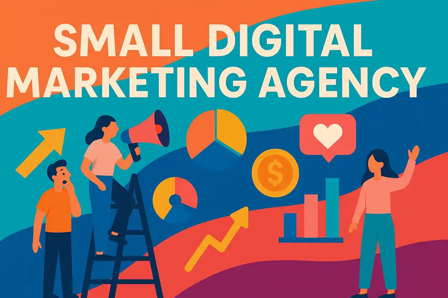 A colorful illustration representing a small digital marketing agency with icons for analytics, social engagement, revenue growth, and marketing tools.