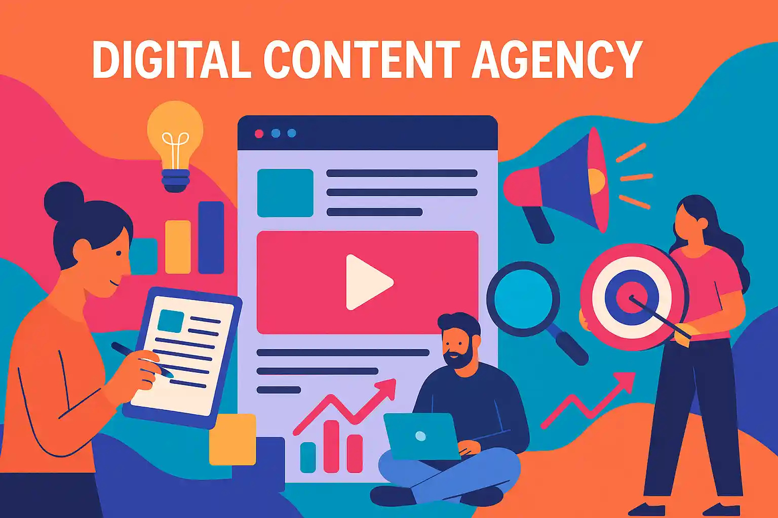 Vibrant illustration showing strategy, video content, and branding elements representing a digital content agency.