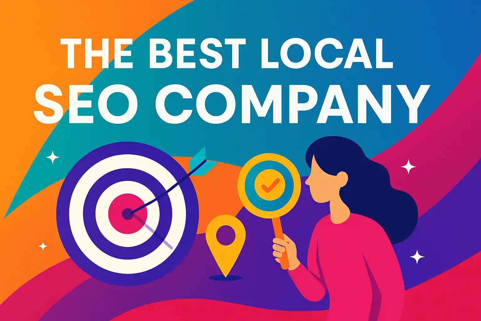 Colorful illustration with a target, location pin, and magnifying glass symbolizing strategies used by the best local SEO company.
