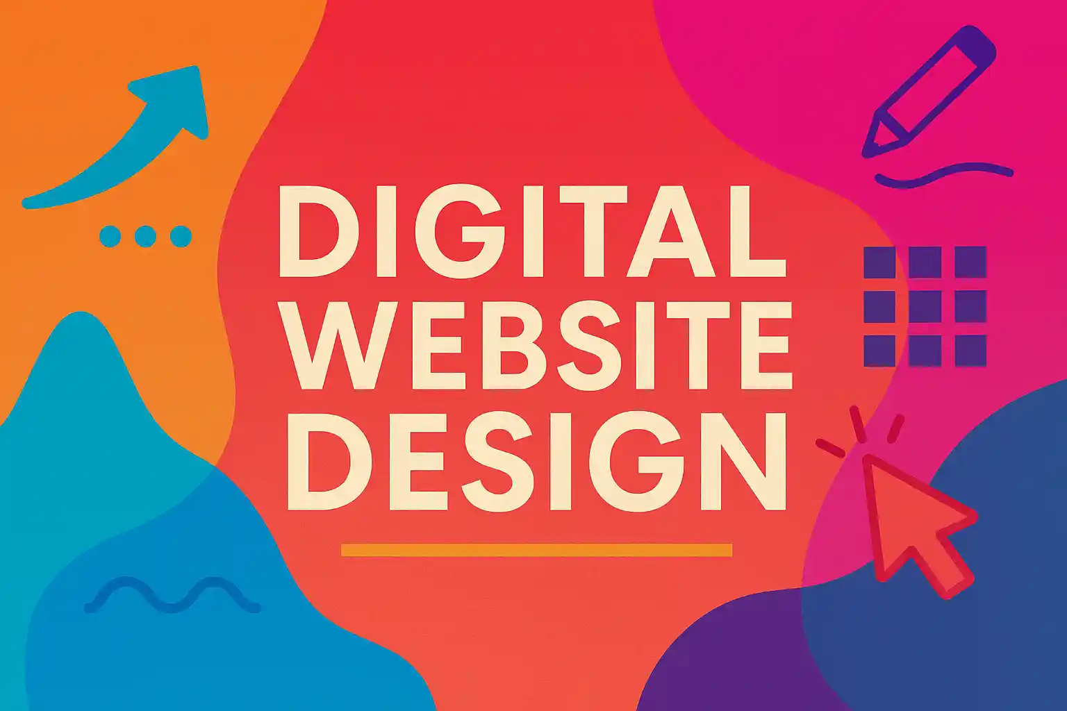 Colorful abstract header graphic featuring bold typography that highlights digital website design concepts and modern branding elements.
