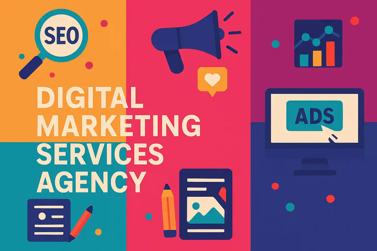 Bright abstract illustration showing services of a digital marketing services agency, including SEO, ads, content, and analytics icons.