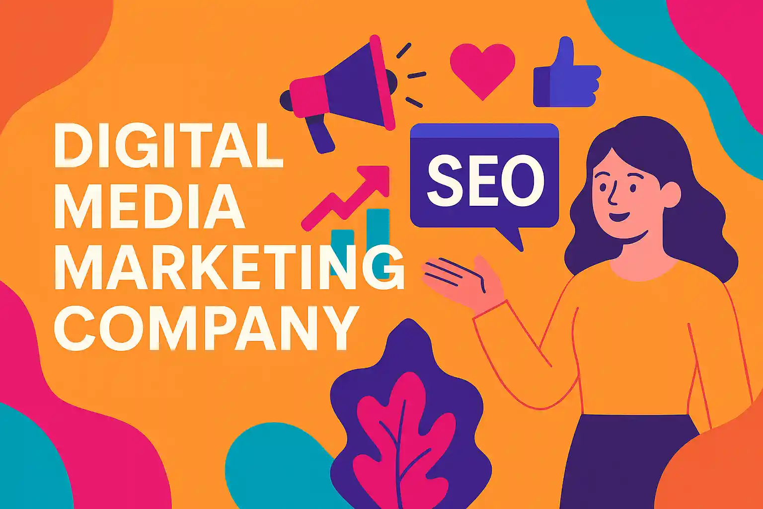 Colorful illustrated header showcasing services of a digital media marketing company, including SEO, social engagement, and growth icons.