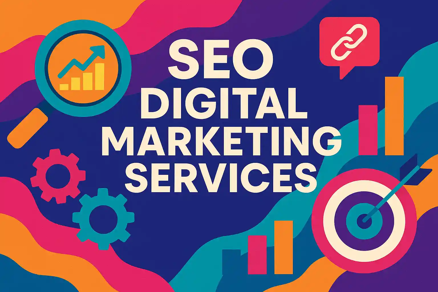 Vibrant abstract illustration featuring icons for analytics, backlinking, and targeting, representing SEO digital marketing services.