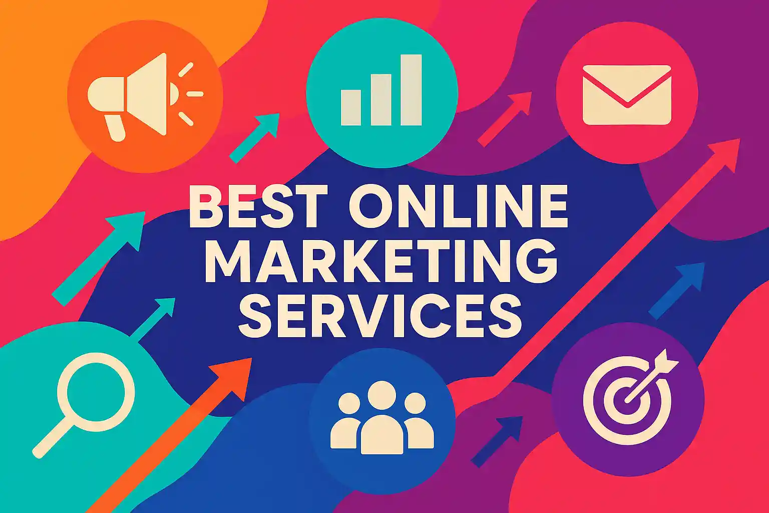 Colorful abstract header graphic showcasing icons for ads, analytics, email, search, audience, and targeting, representing the best online marketing services.