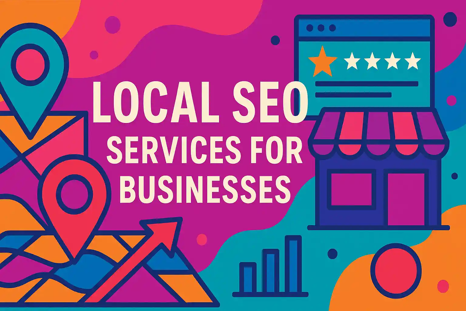Colorful abstract illustration representing local SEO services for businesses with map pins, growth charts, and storefront icons in bold geometric shapes.