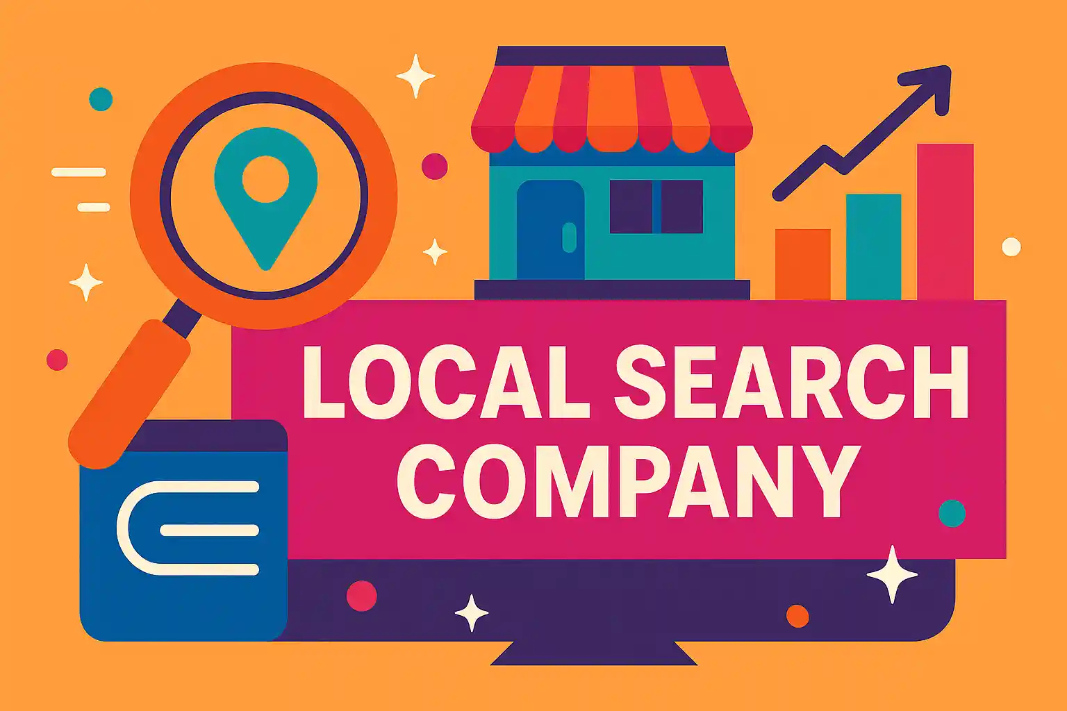 A colorful illustration representing a local search company with location markers, storefront icons, and growth charts