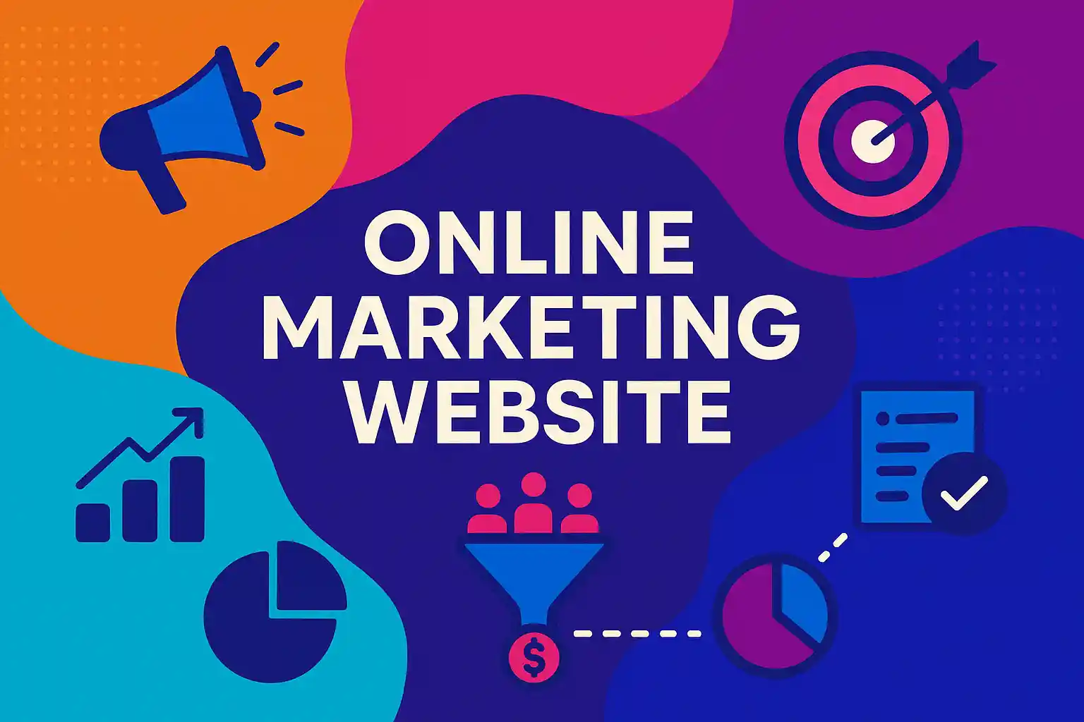 Colorful graphic illustrating key elements of an online marketing website, featuring icons for targeting, analytics, funnels, and growth.
