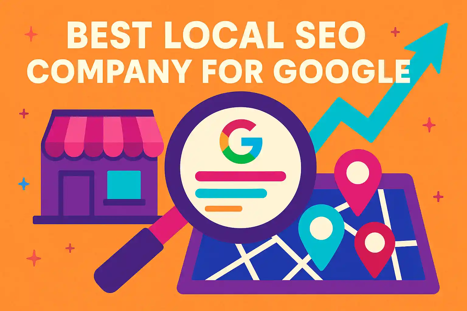 Colorful graphic showing Google search, map pins, and analytics symbols used to illustrate the best local SEO company for Google.