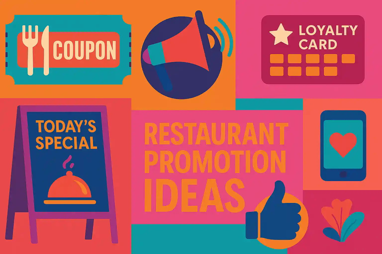 Colorful illustration showing coupons, loyalty cards, specials, and social icons representing creative restaurant promotion ideas.