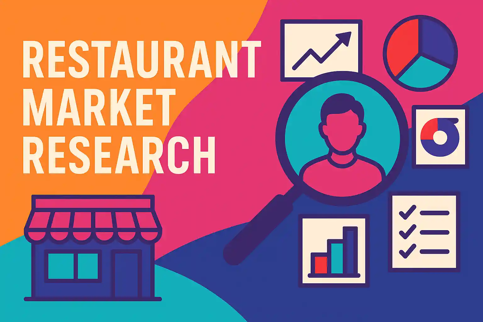 Vibrant flat-style illustration representing restaurant market research with charts, customer insights, and a storefront icon in bold brand colors.