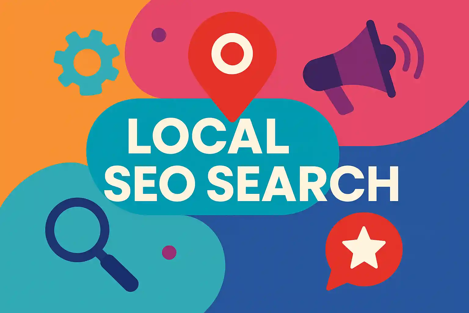 Colorful flat-style illustration for local SEO search with map pin, magnifying glass, star rating icon, and bold typography.