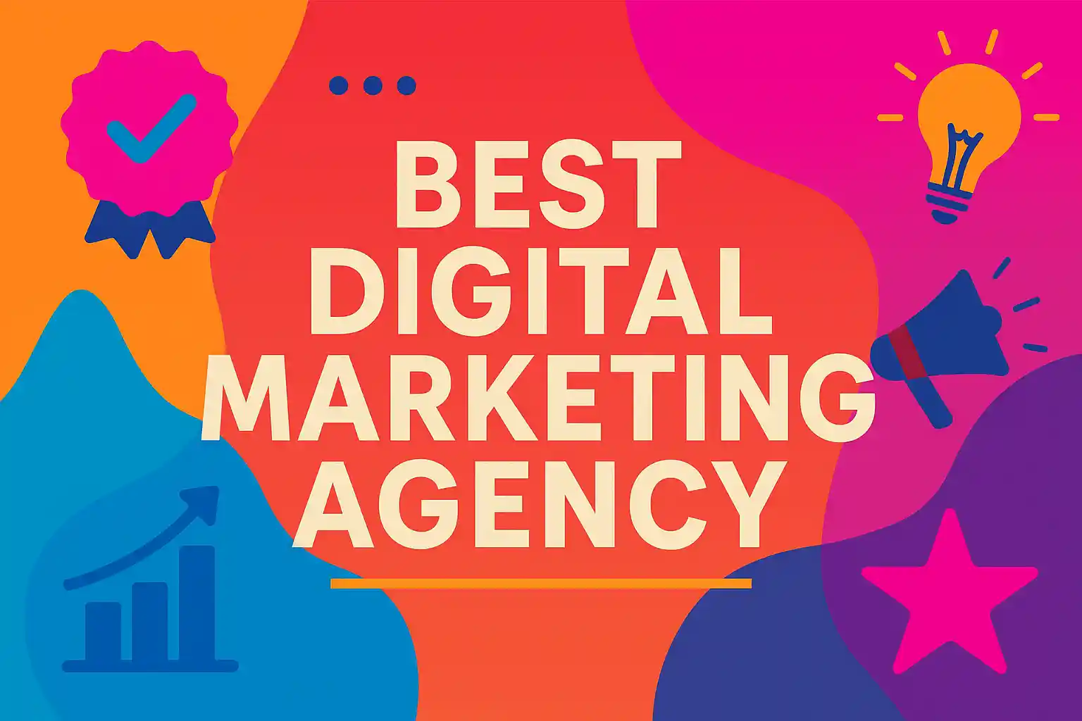 Vibrant abstract header graphic with icons and bold text representing the best digital marketing agency, using bright brand colors and modern design elements.