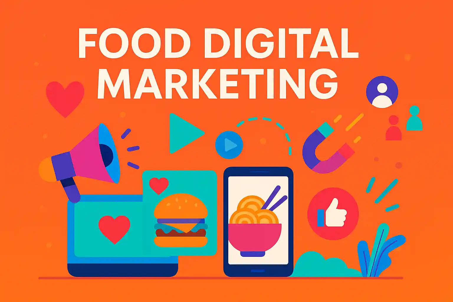 Bright vector illustration showing social media, food icons, and engagement symbols for food digital marketing.