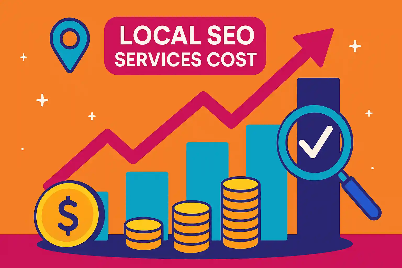 Modern illustration showing coins, bar chart, and rising arrow symbolizing business growth and local SEO services cost improvement.