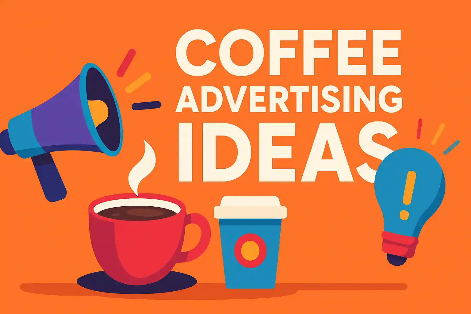 Creative illustration showing coffee cups, megaphone, and lightbulb symbolizing innovative coffee advertising ideas.