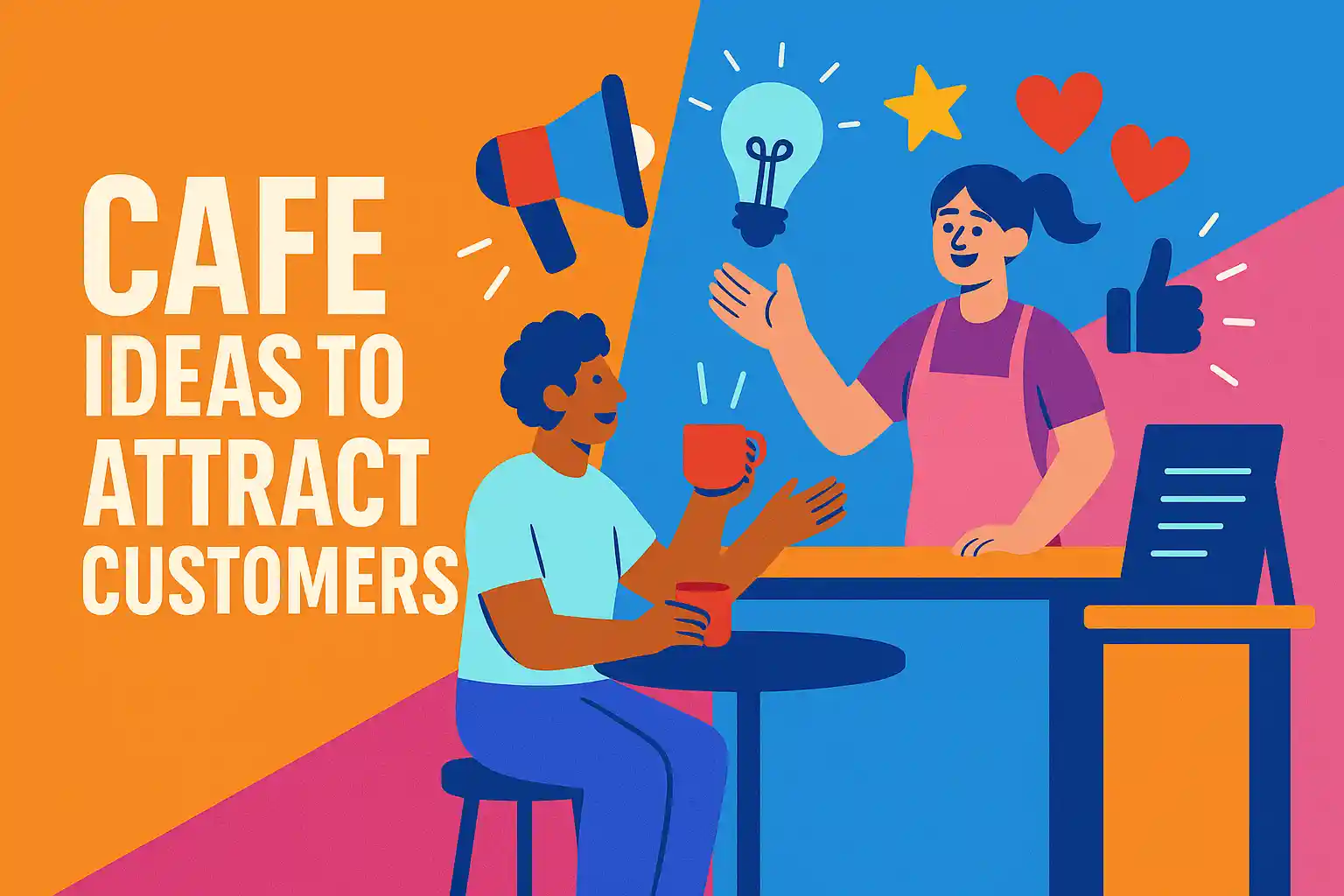 Vibrant illustrated header showing barista greeting a customer, representing creative cafe ideas to attract customers.