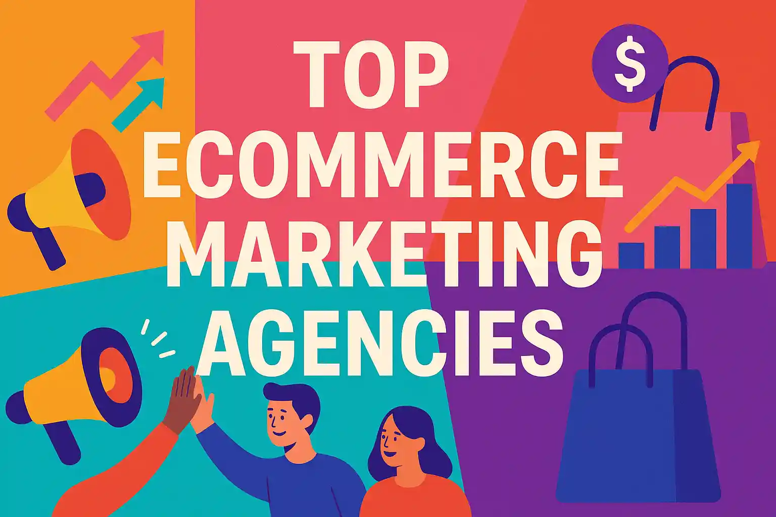 Colorful abstract graphic illustrating teamwork, growth charts, and megaphones representing top ecommerce marketing agencies.