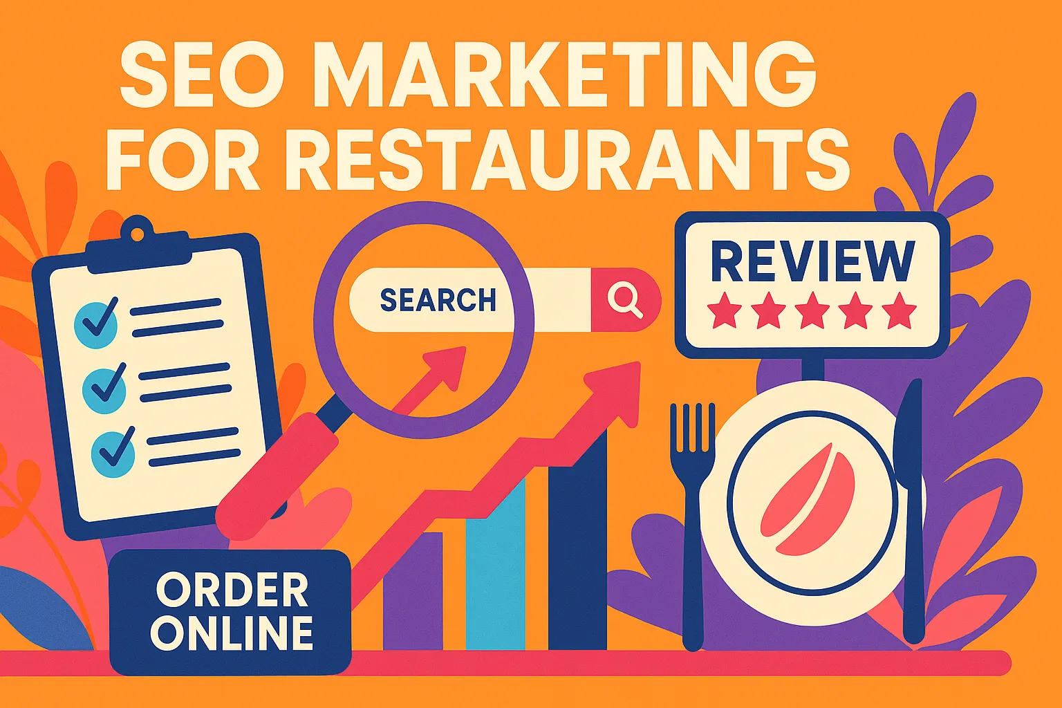 Creative header showing search growth, reviews, and online ordering icons in bold colors for SEO marketing for restaurants.
