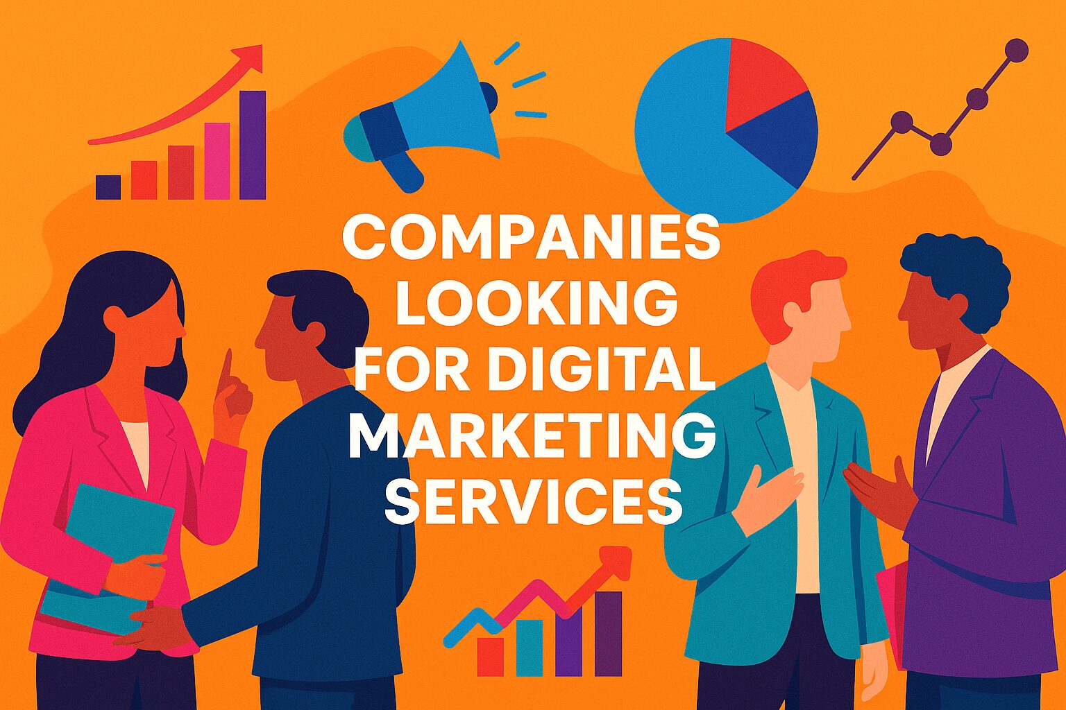 Creative illustration of professionals discussing strategies and growth charts for companies looking for digital marketing services.