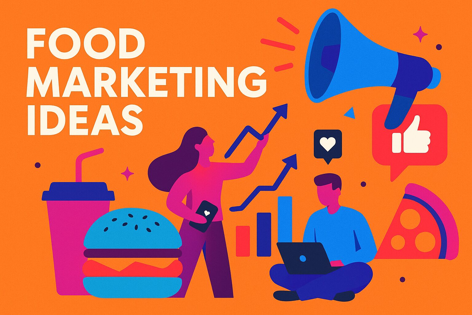 Creative flat-style illustration representing food marketing ideas with bright colors, charts, and digital engagement icons.