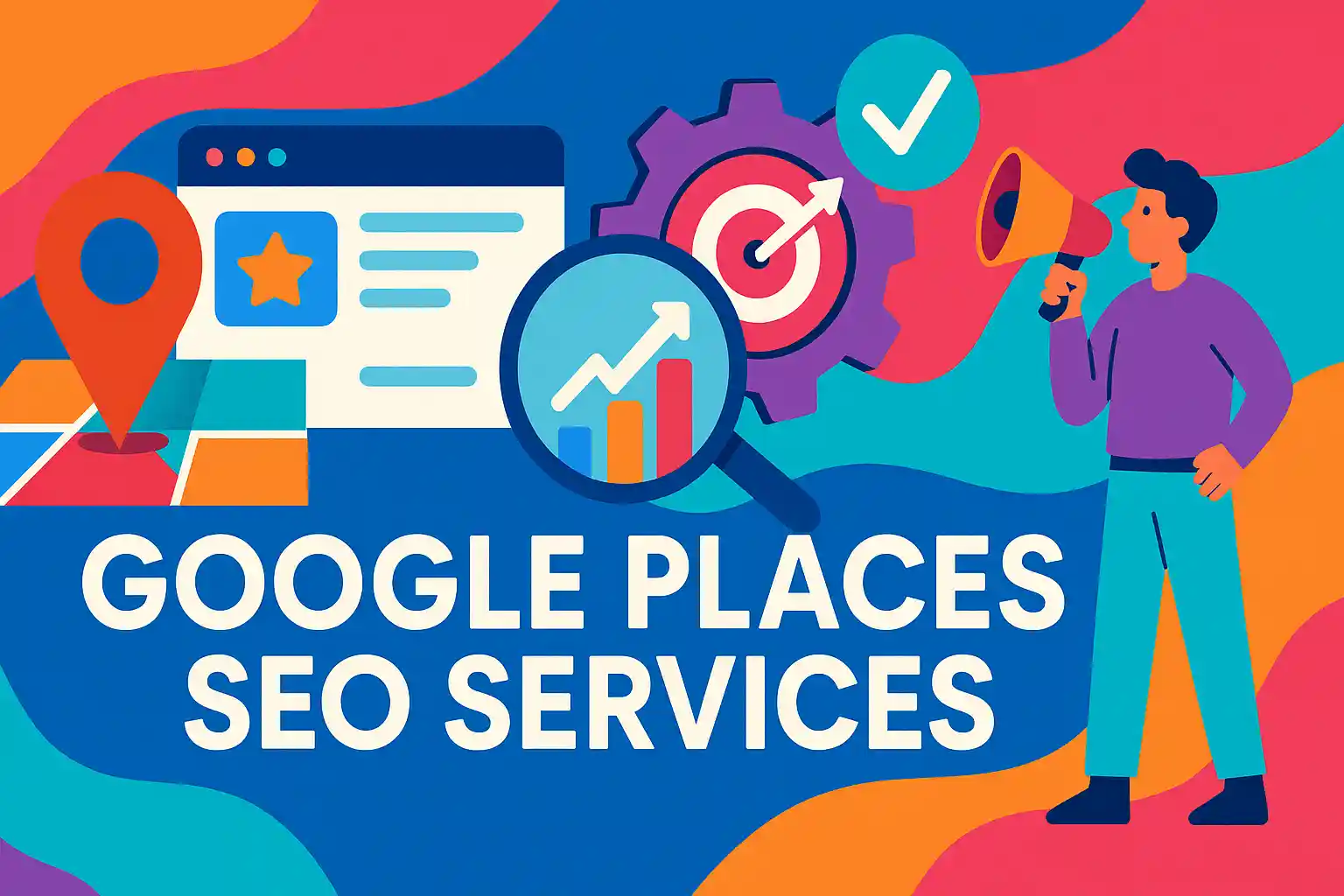 Colorful flat-style illustration showing map pin, charts, and gears representing Google Places SEO services for local visibility.