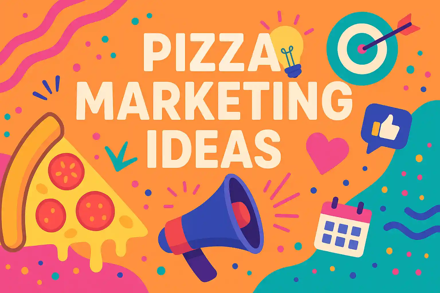 Colorful illustration showing pizza slice, megaphone, and icons symbolizing creative pizza marketing ideas.