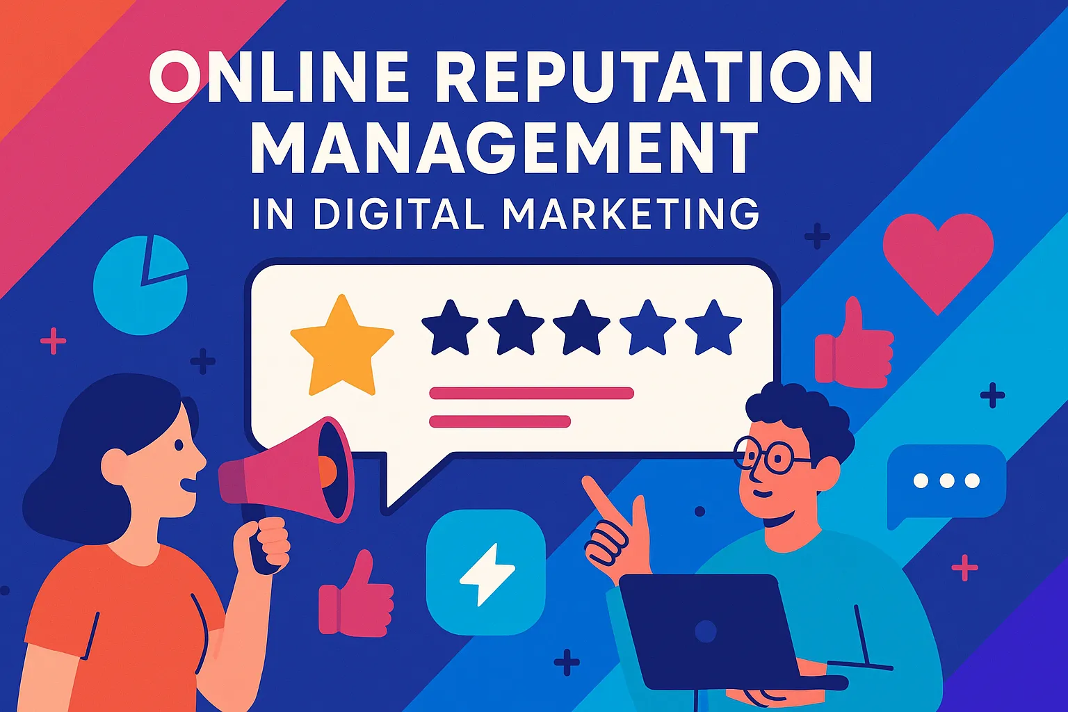 Colorful digital illustration representing online reputation management in digital marketing, showing communication, star ratings, and brand engagement visuals.