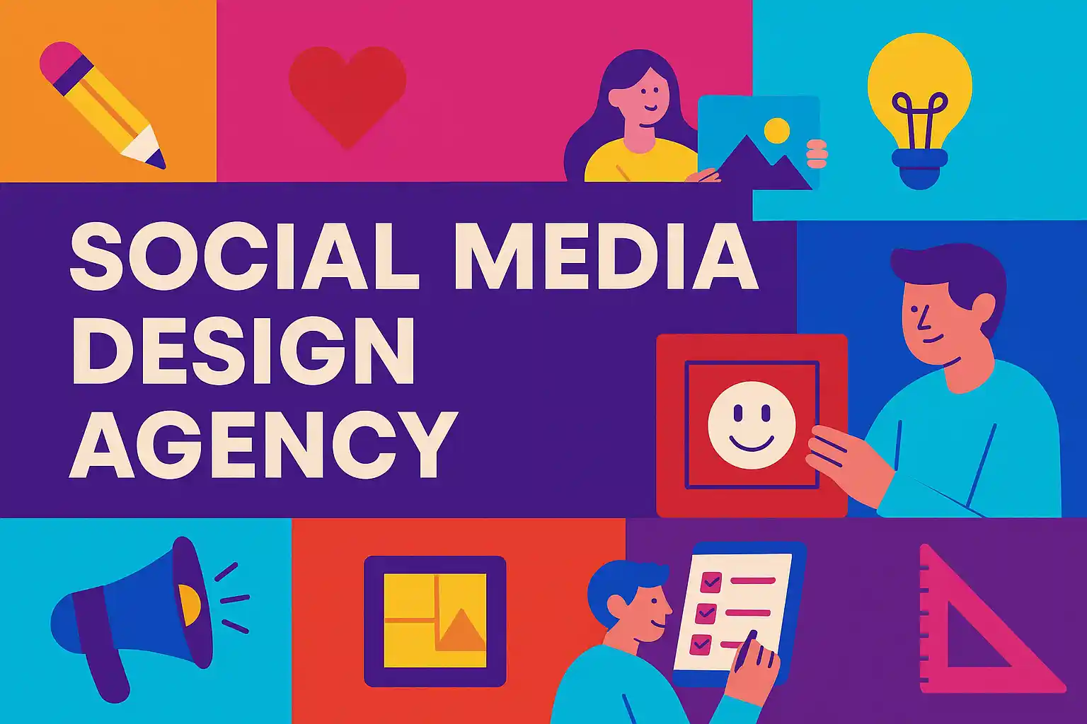 Creative illustration featuring vibrant colors and designers working together, representing a modern social media design agency.