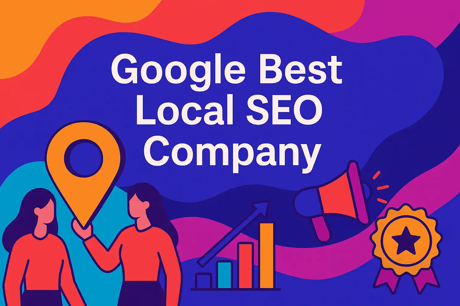 Colorful abstract header design representing the google best local seo company, featuring growth charts and local marketing icons.