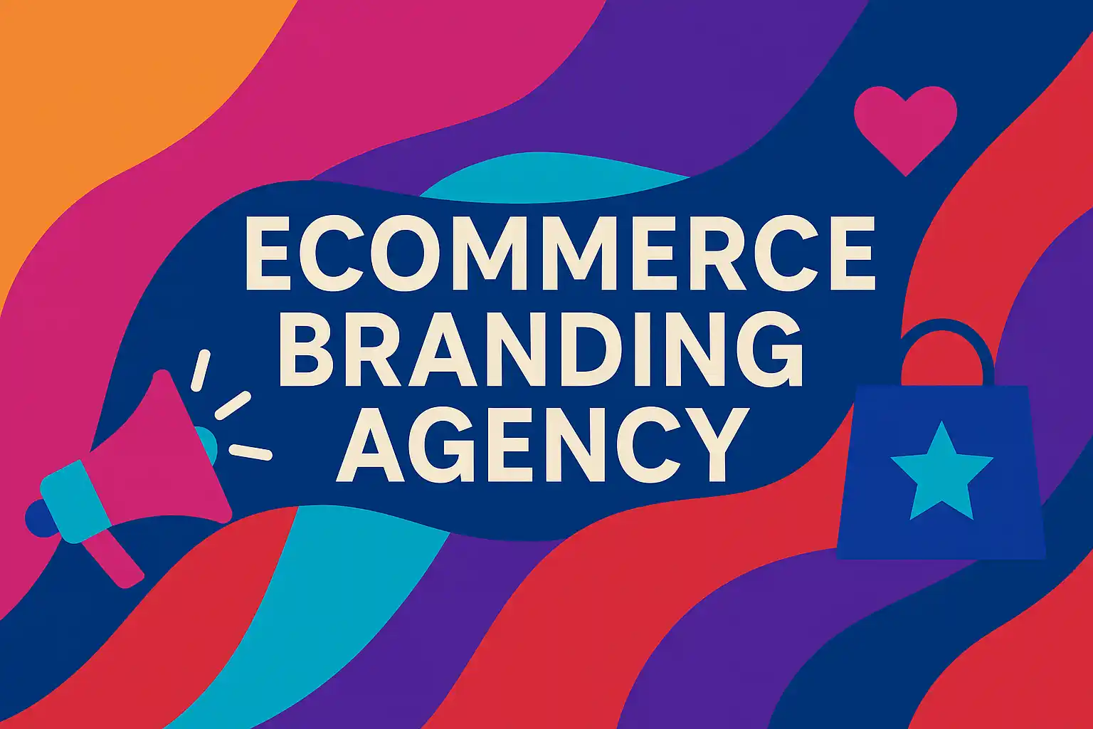 Creative abstract header with bold colors and icons symbolizing creativity and strategy in an ecommerce branding agency.