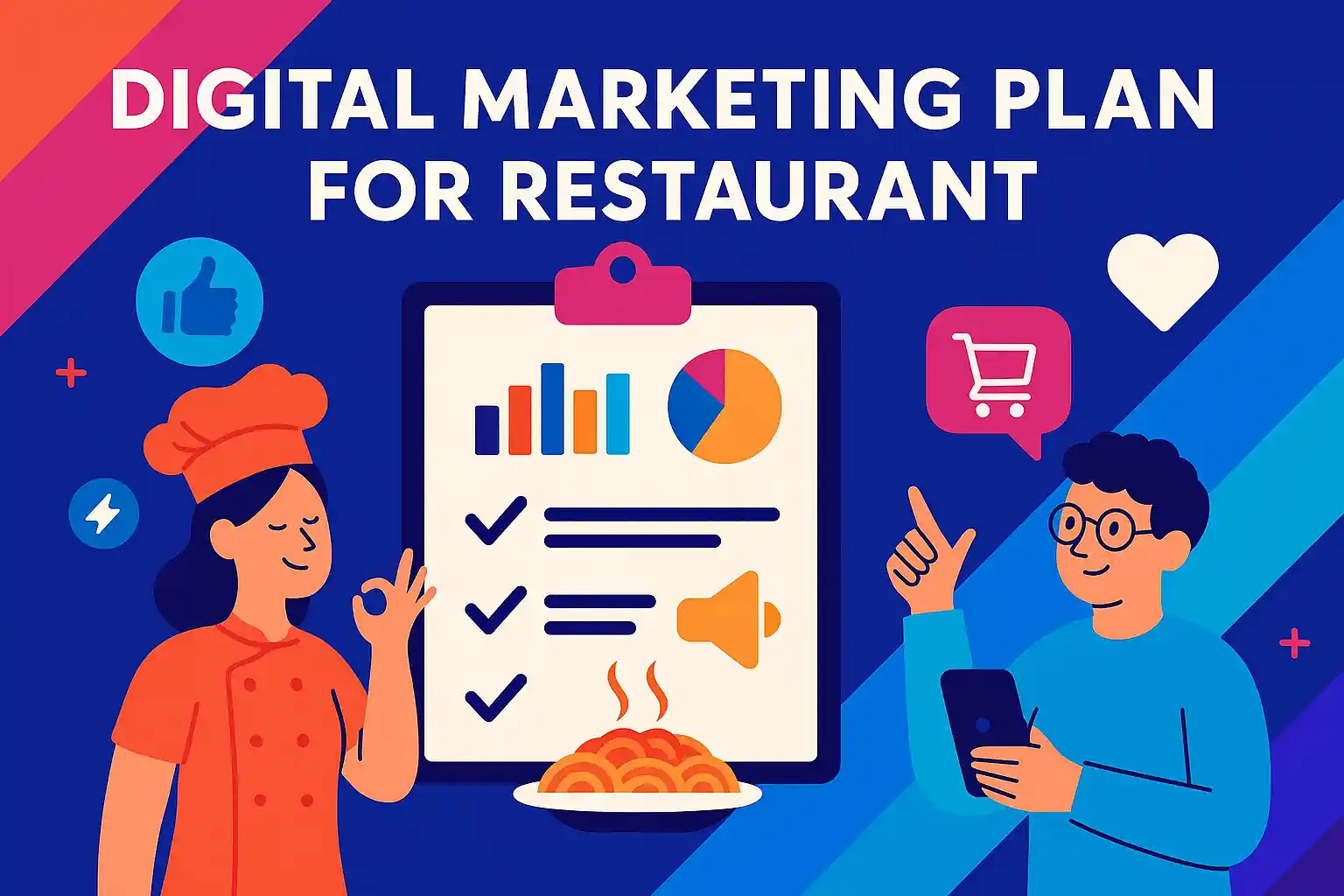 Illustration showing chef and marketer discussing a digital marketing plan for restaurant growth and online strategy.