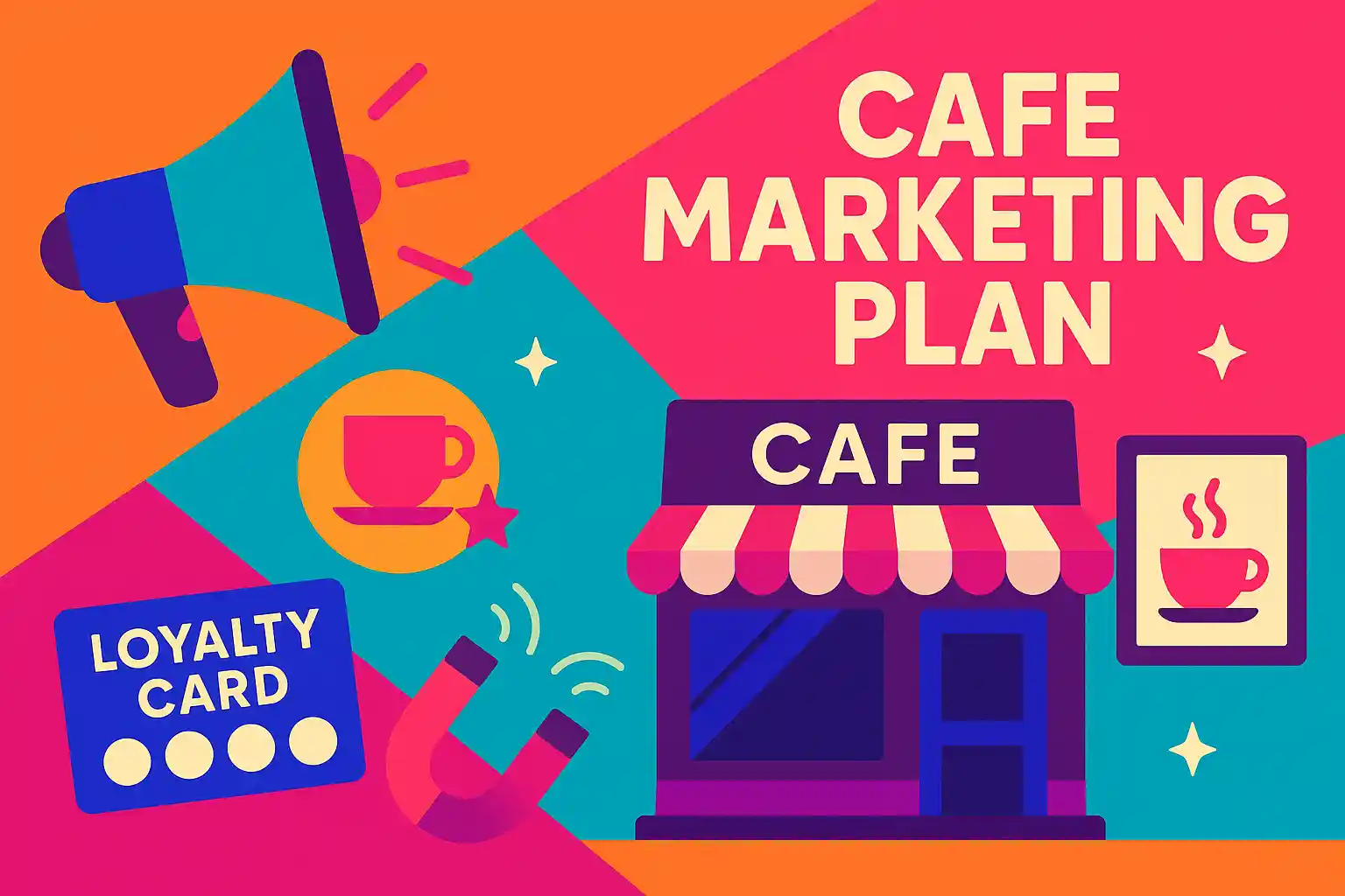 Colorful illustration featuring coffee shop icons and text that reads “Cafe Marketing Plan.”