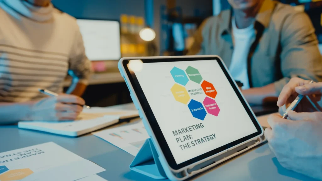 Team reviewing a tablet displaying a marketing plan diagram during a meeting, representing the planning phase of a digital marketing strategy for restaurants.