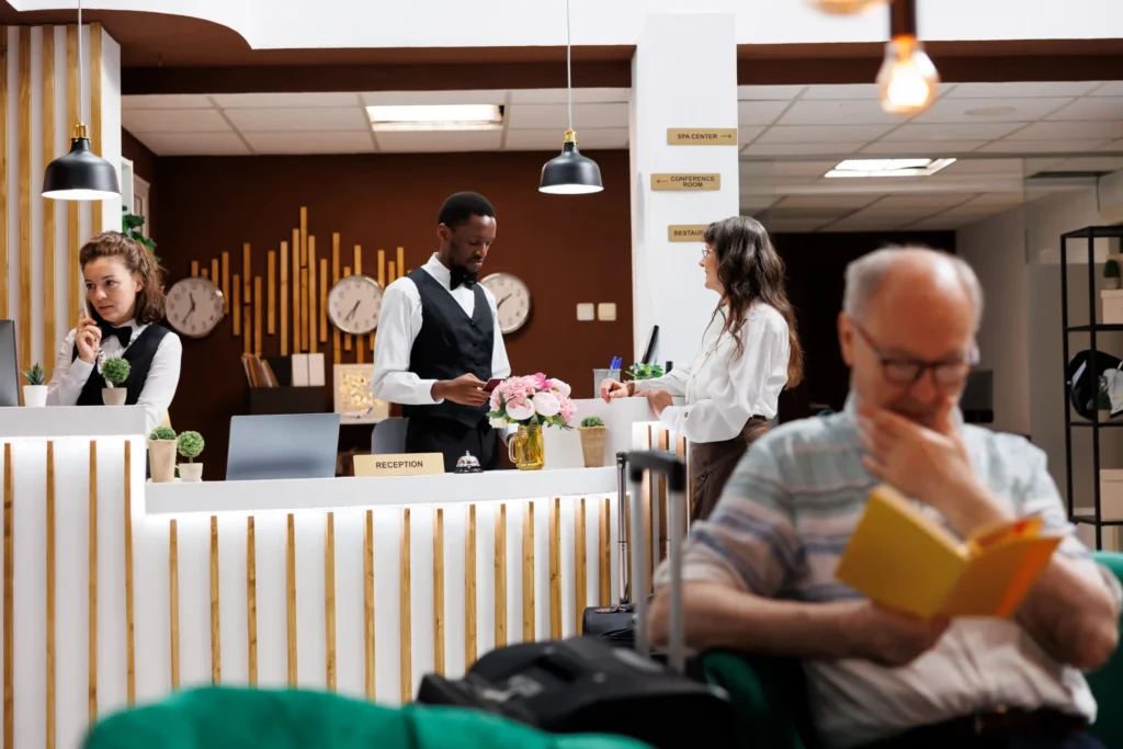 Hotel reception staff assisting guests, symbolizing how hospitality businesses benefit from Google Places SEO services to attract local visitors.