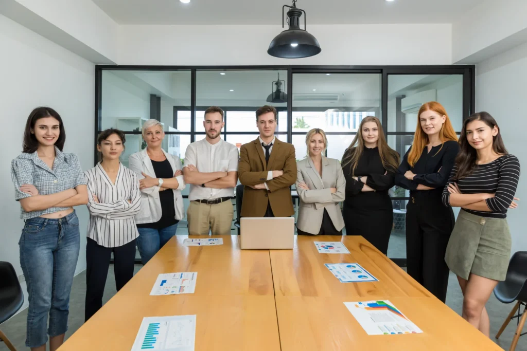 Confident marketing professionals from the google best local seo company presenting successful analytics and SEO reports.