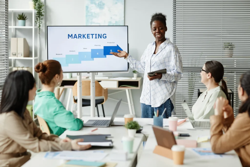 Marketing professionals presenting campaign results during a team meeting at one of the top ecommerce marketing agencies.