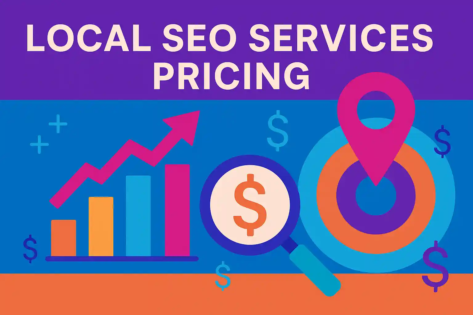Colorful illustration showing charts, a magnifying glass, and a location pin to represent local seo services pricing and cost analysis.
