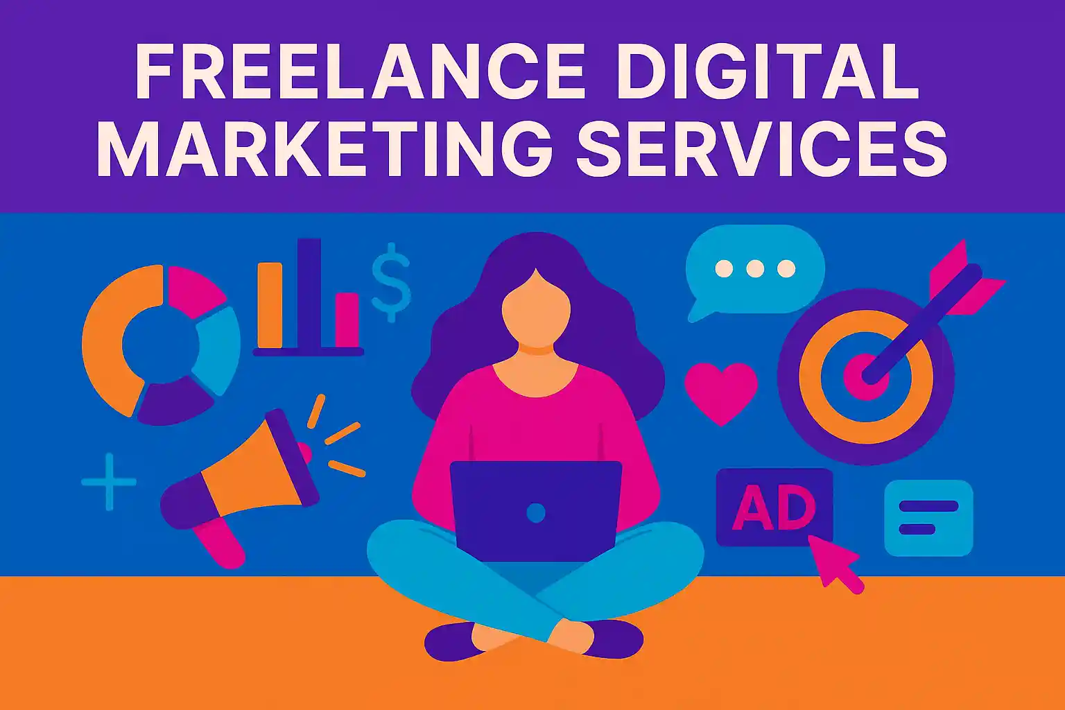 Colorful illustration of a freelancer using a laptop surrounded by marketing icons, visually representing freelance digital marketing services.