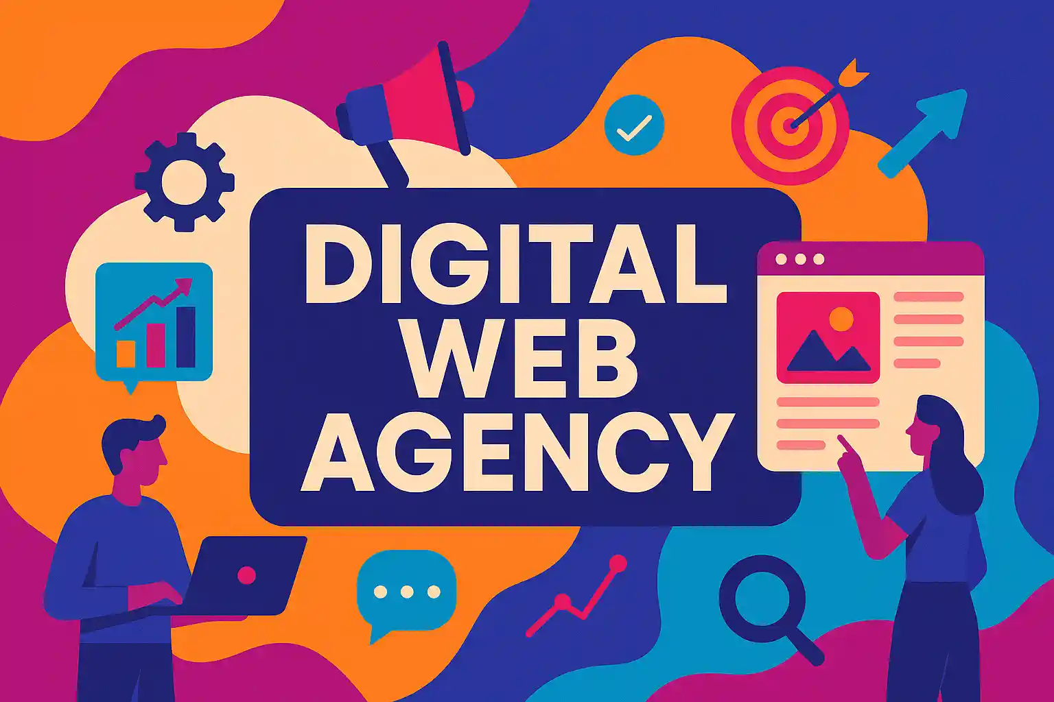 Colorful illustration representing a digital web agency with icons for marketing, analytics, and web design in bold modern style.