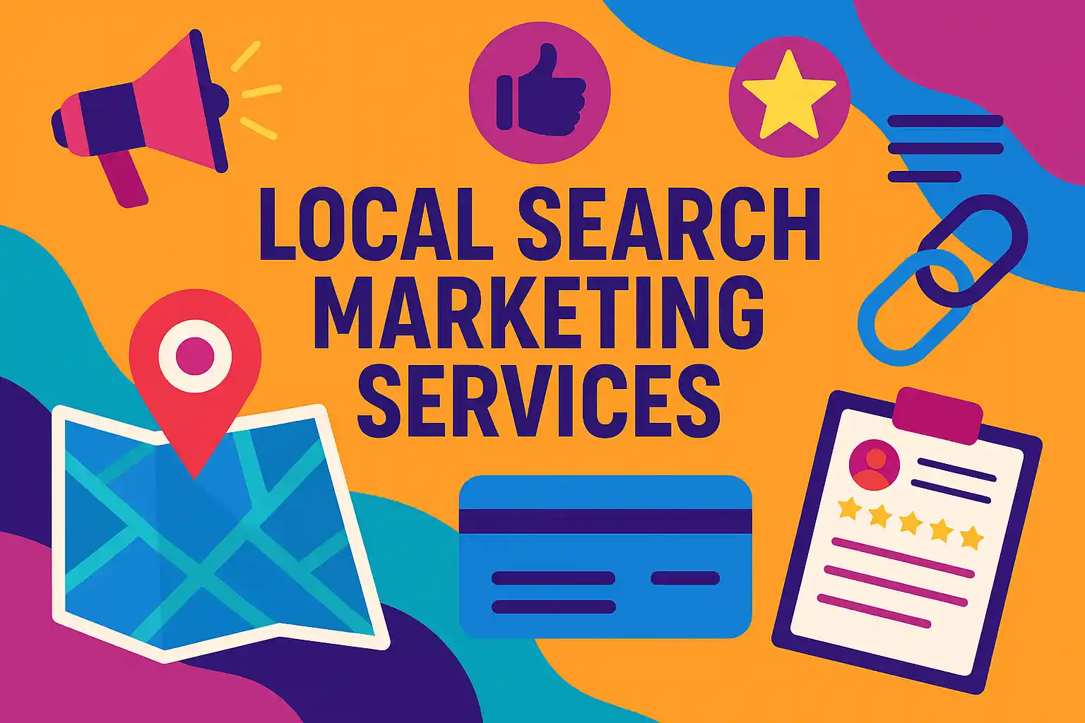 A colorful illustrated banner featuring icons for maps, reviews, and links, representing local search marketing services.